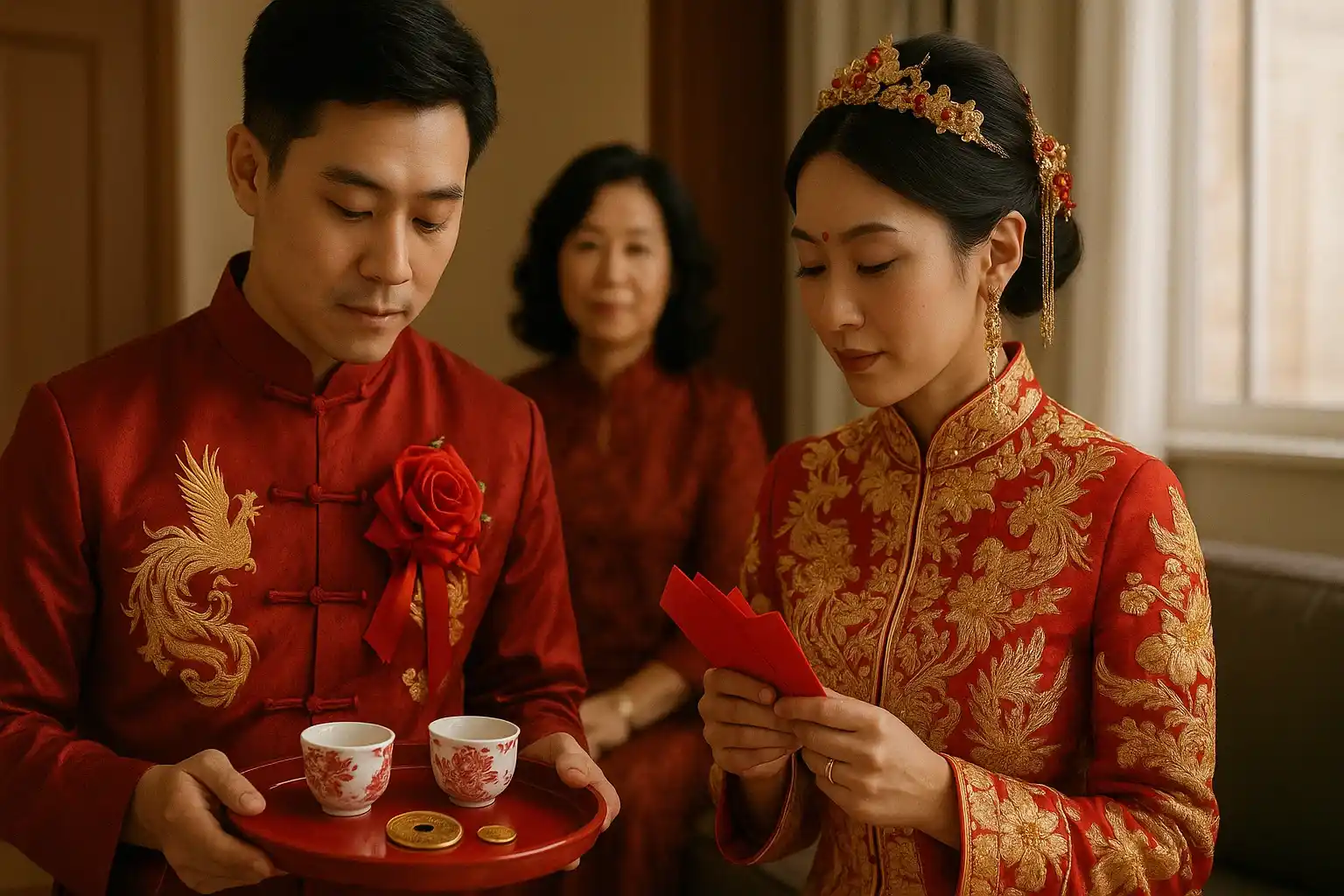 A Chinese couple in red and gold prepares for their wedding traditions using symbolic coins.