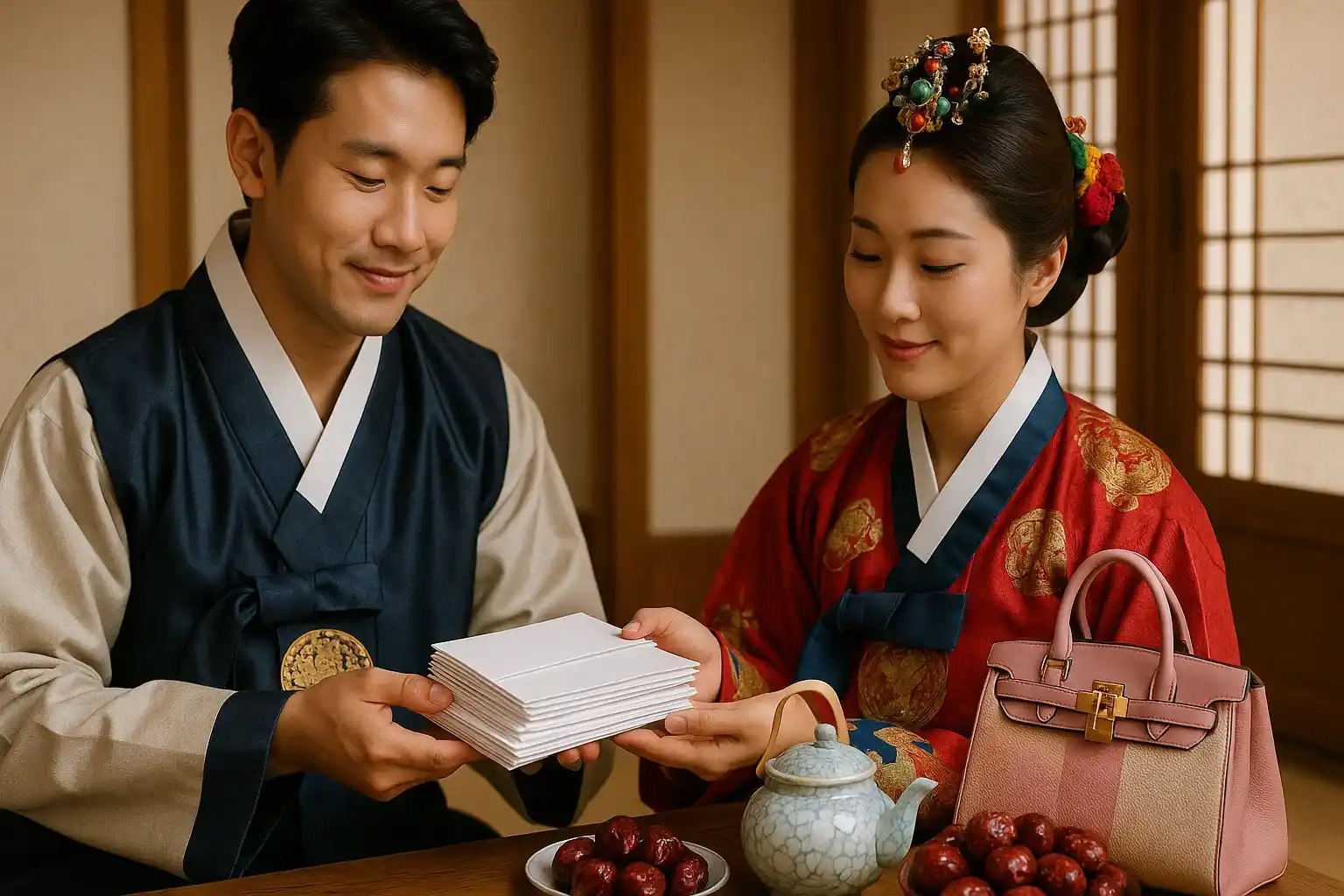 A Korean couple in traditional hanbok carefully holds white presented envelopes received during the wedding ceremony.