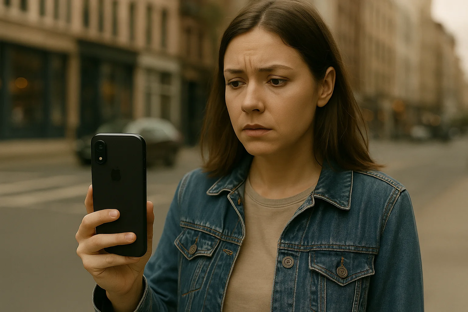 A young woman looks cautiously at her phone trying to check the position of her husband while standing on a city street.