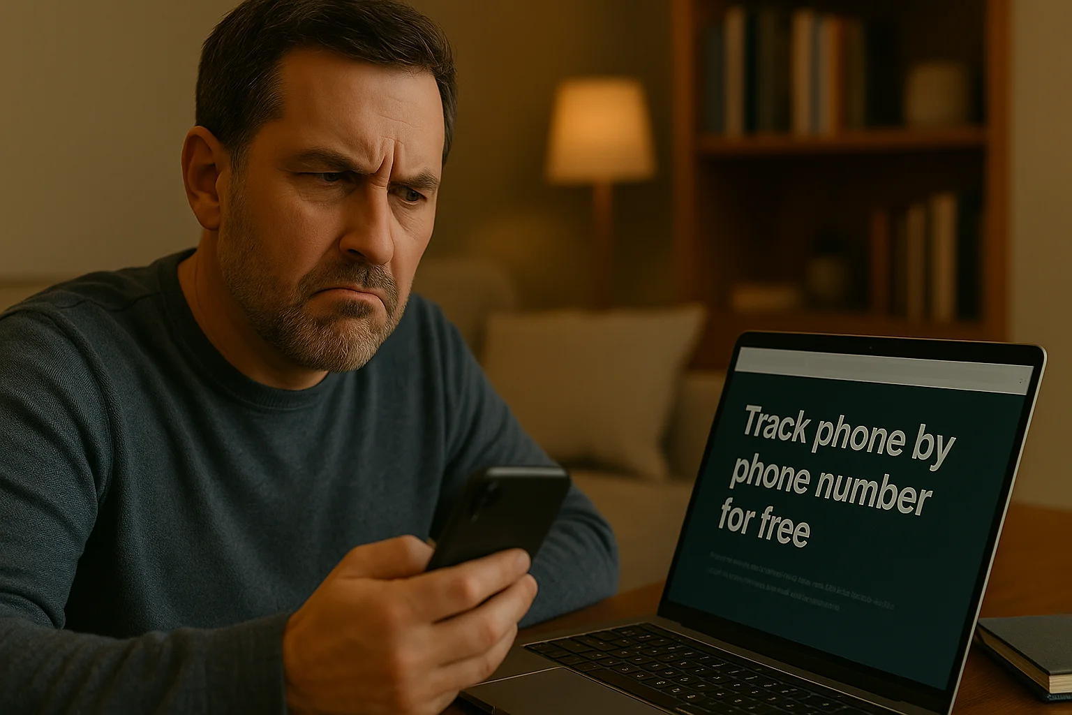 A skeptical middle-aged man reads a suspicious tracking website on his laptop at home, frowning as he evaluates its legitimacy.