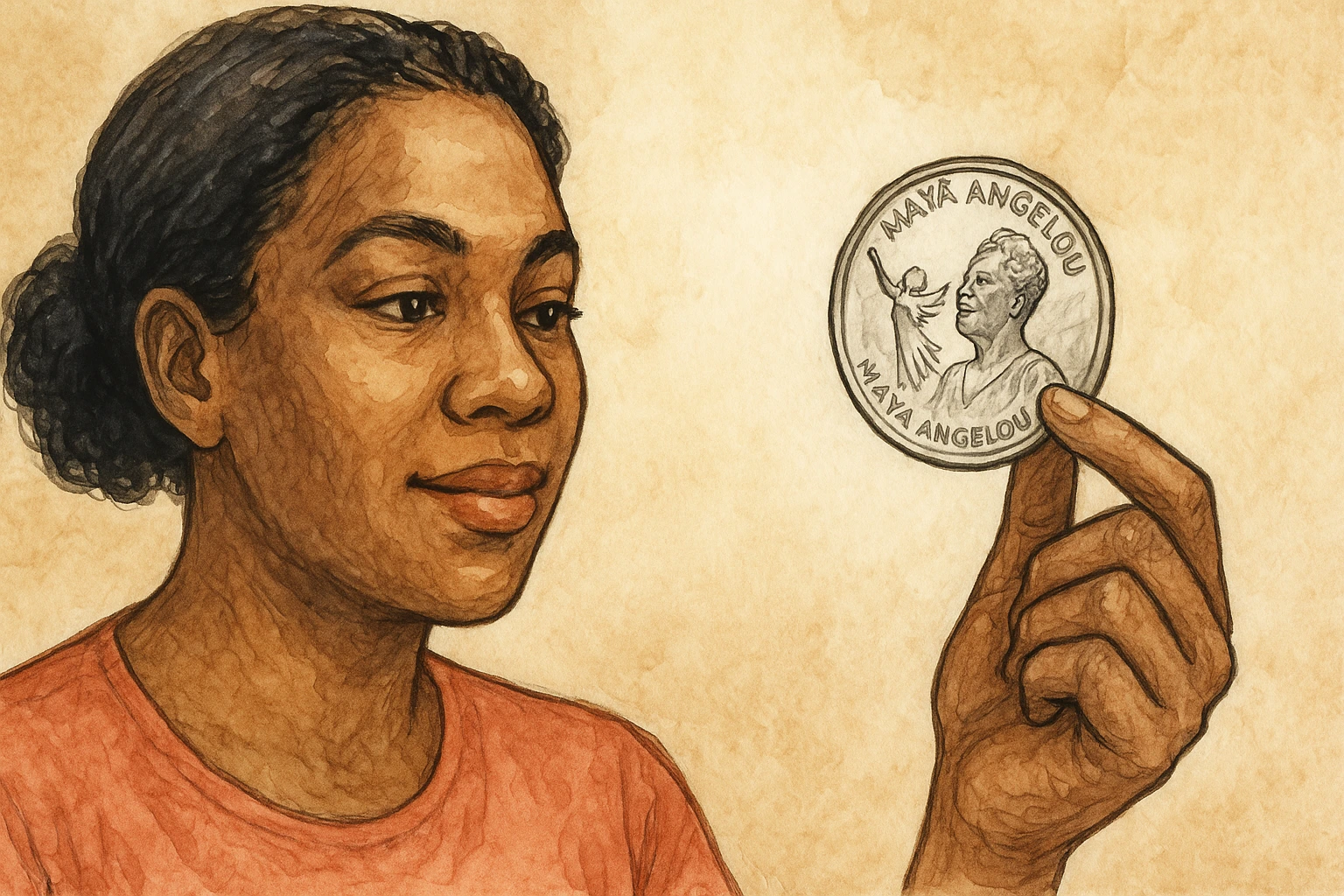 A woman with a Maya Angelou quarter in her hand.