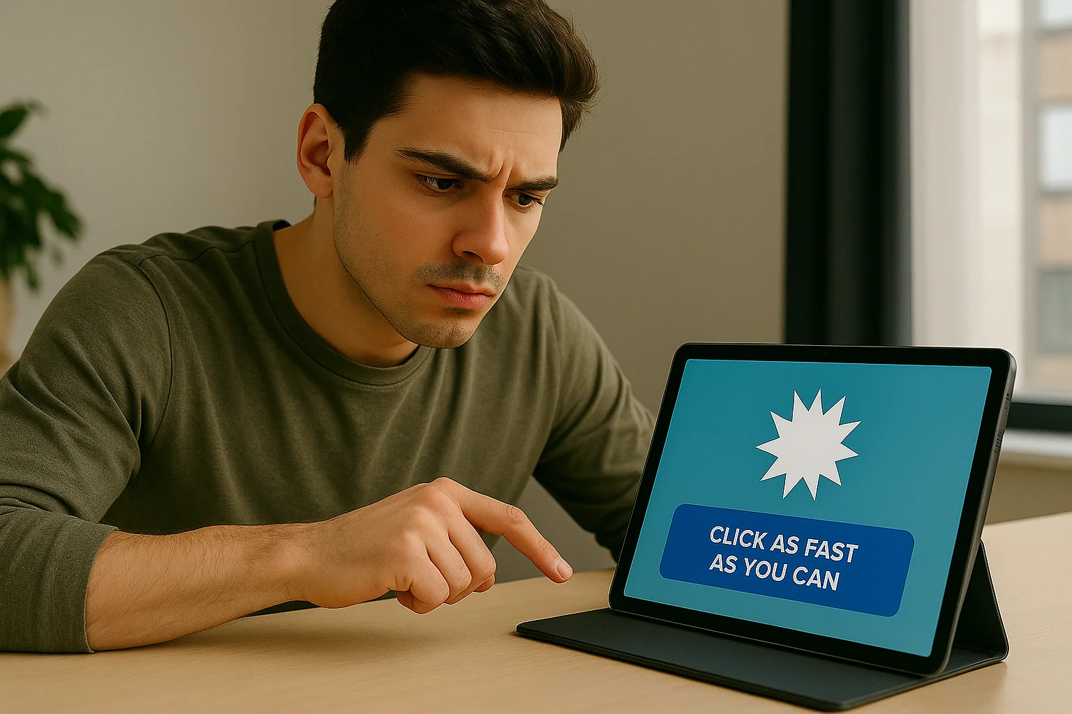 A young man concentrates on a reaction time test on his tablet, finger ready to tap as soon as the signal appears.