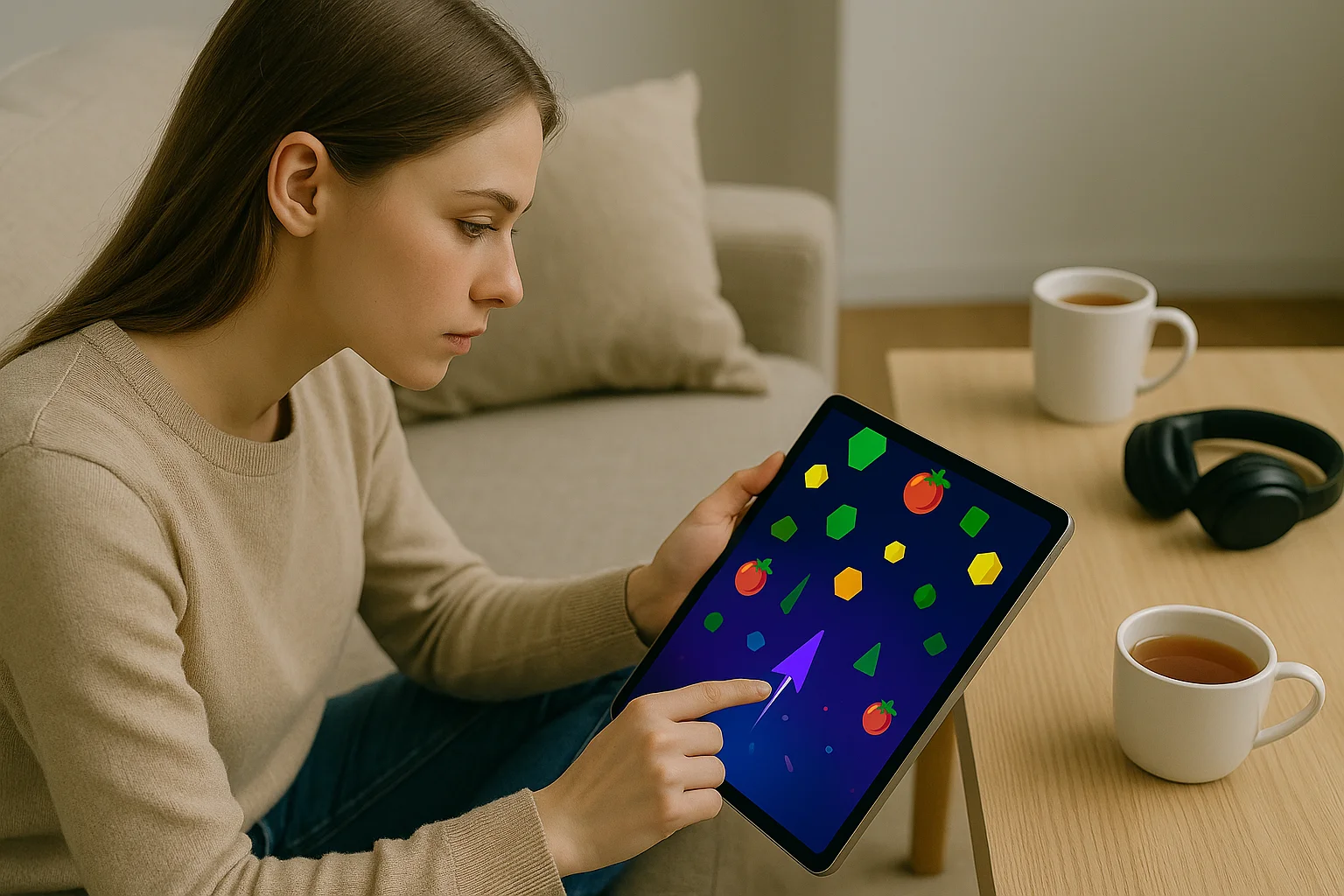 A young woman plays a fast-paced tablet game with falling objects, training her focus and reaction speed.