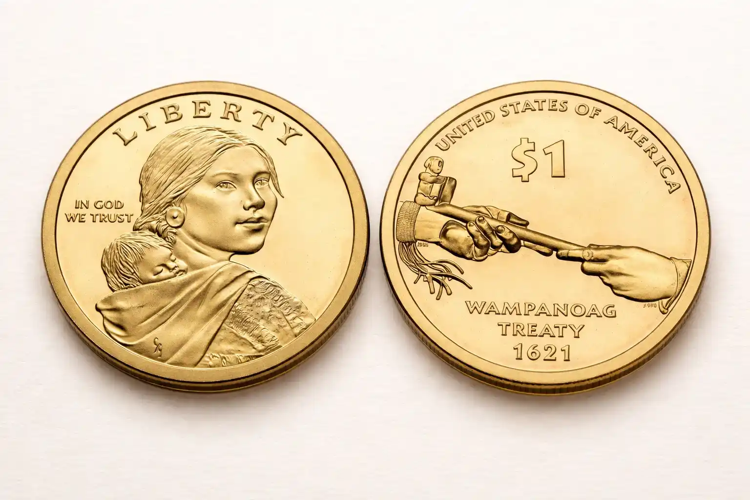 Obverse and reverse of a Native American $1 coin.