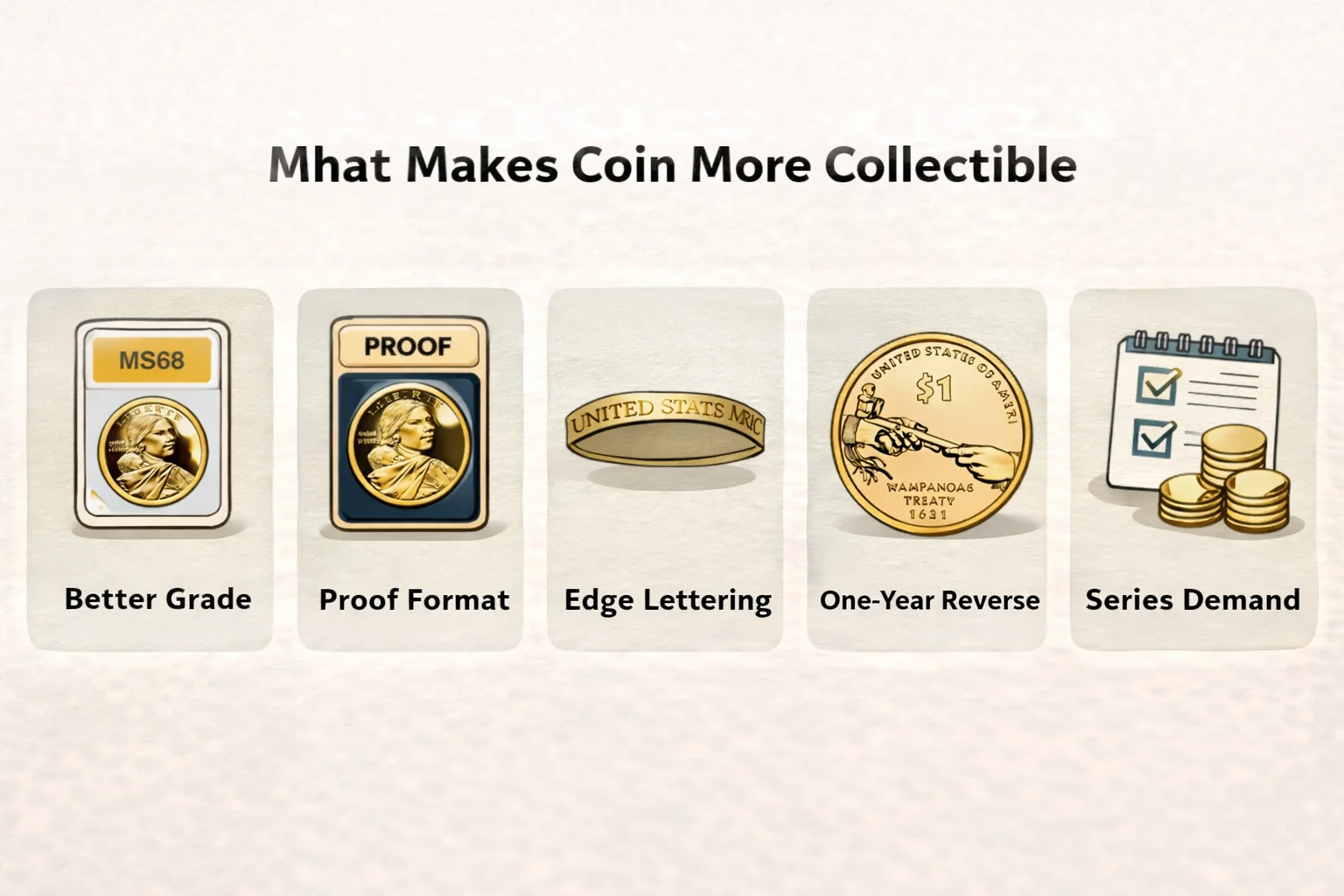 Five collectible factors for a dollar coin: better grade, proof format, edge lettering, one-year reverse, and series demand.